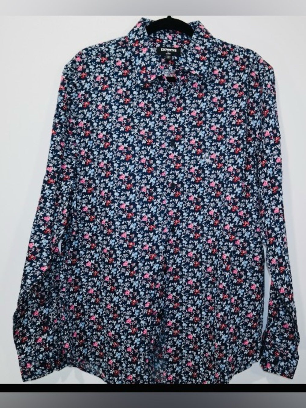 Express Navy Floral Shirt with Pink and Light Blue Blooms